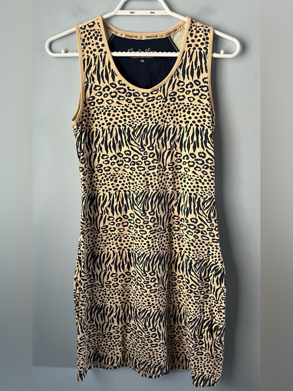 Charlie Choe Cream & Navy Animal Print Mini Stretch Cotton Tank Dress Size XS